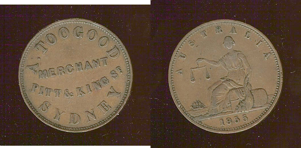 Australian Token A Toogood Sydney penny 1855 gVF